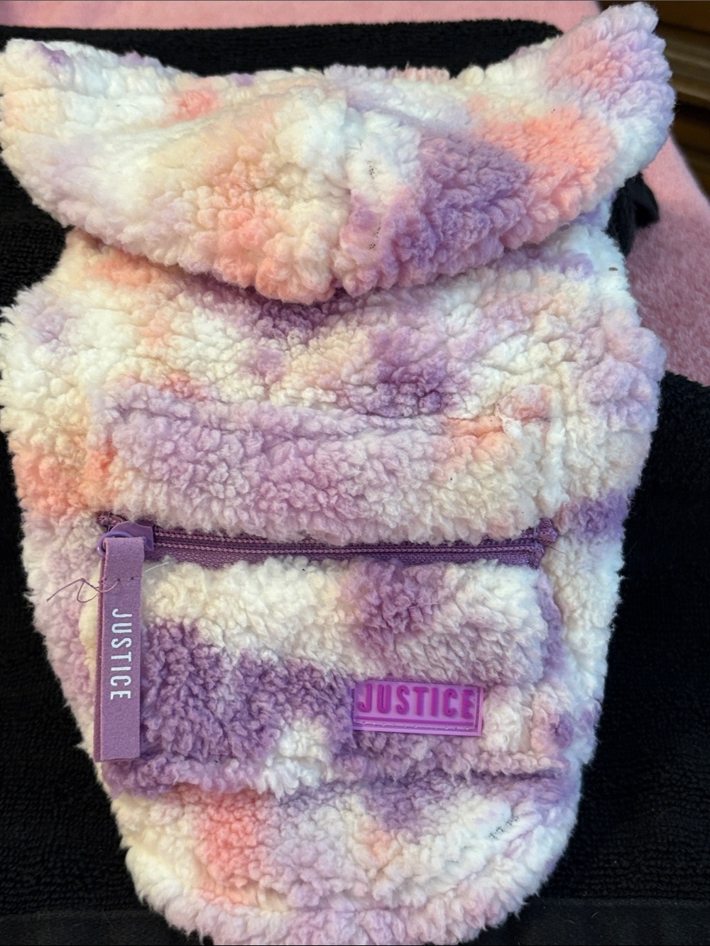Justice Brand Plush Sherpa Dog Hoodie in Purple, Pink & White Tie-Dye. XS